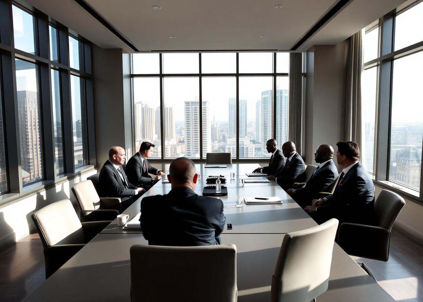 International investors meeting in a boardroom overlooking a business district