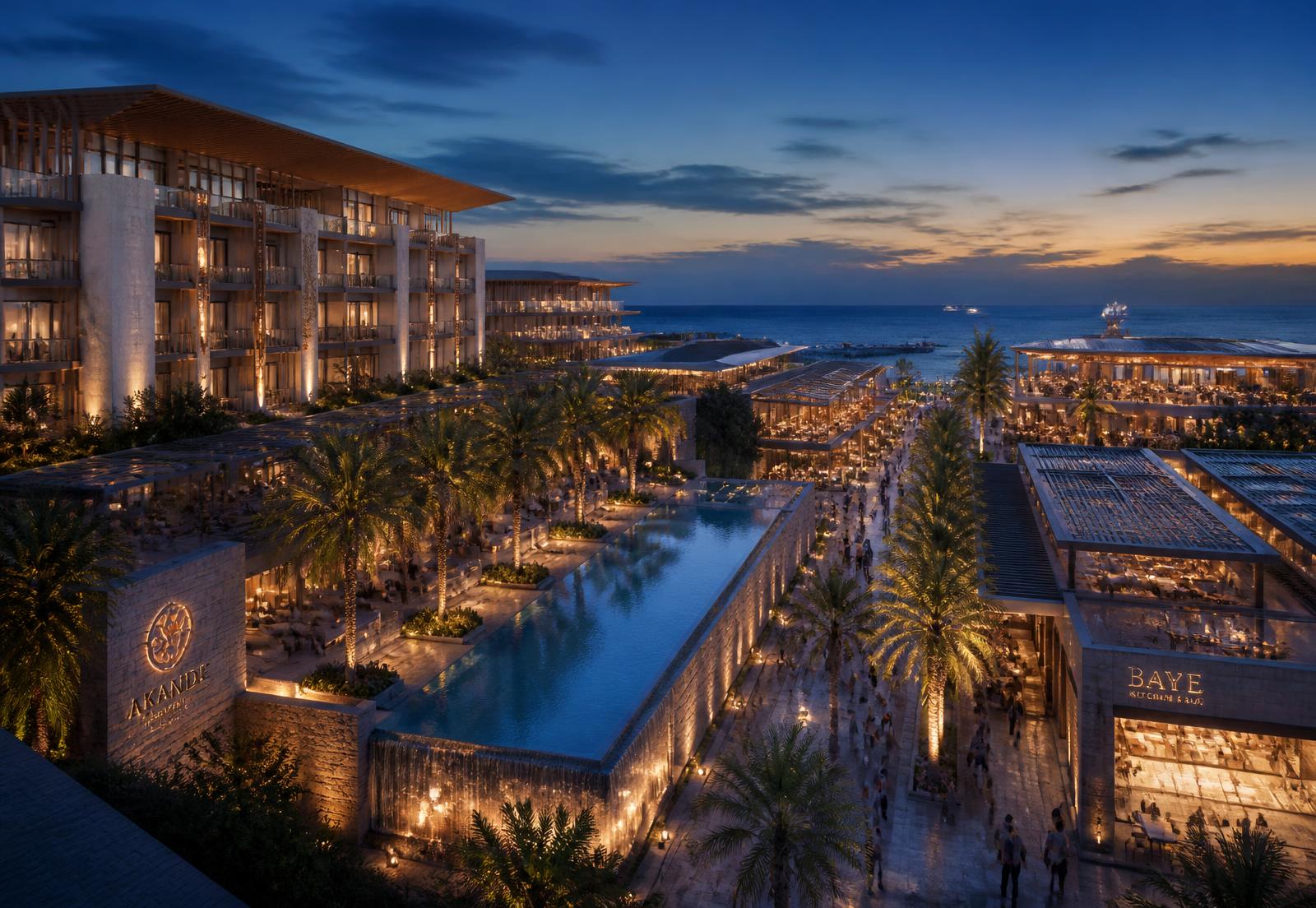 Architectural rendering of Sankofa Resort and Entertainment District at dusk